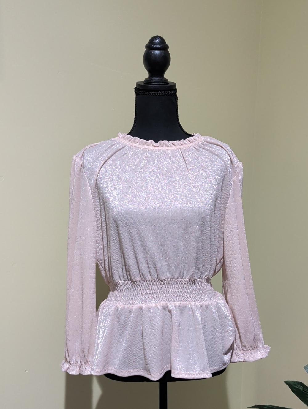 Faith and Joy Shimmery Pink Long-Sleeve Peplum Blouse
